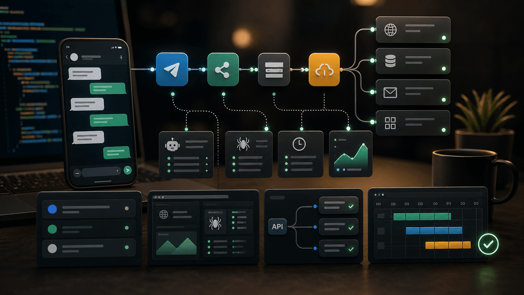 Automation workflow with chat interface, bot pipeline, API connections, and task cards