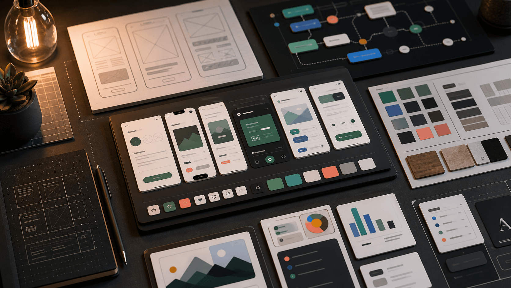 UI and UX design boards with mobile screens, wireframes, color swatches, and prototype cards