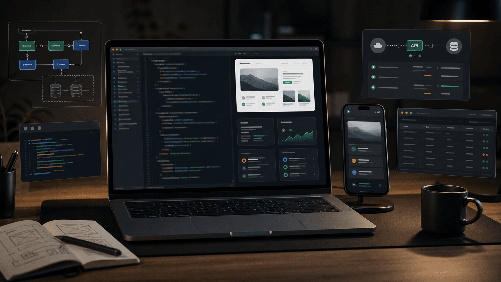 Full-stack development workspace with abstract code, API, database, and responsive app screens