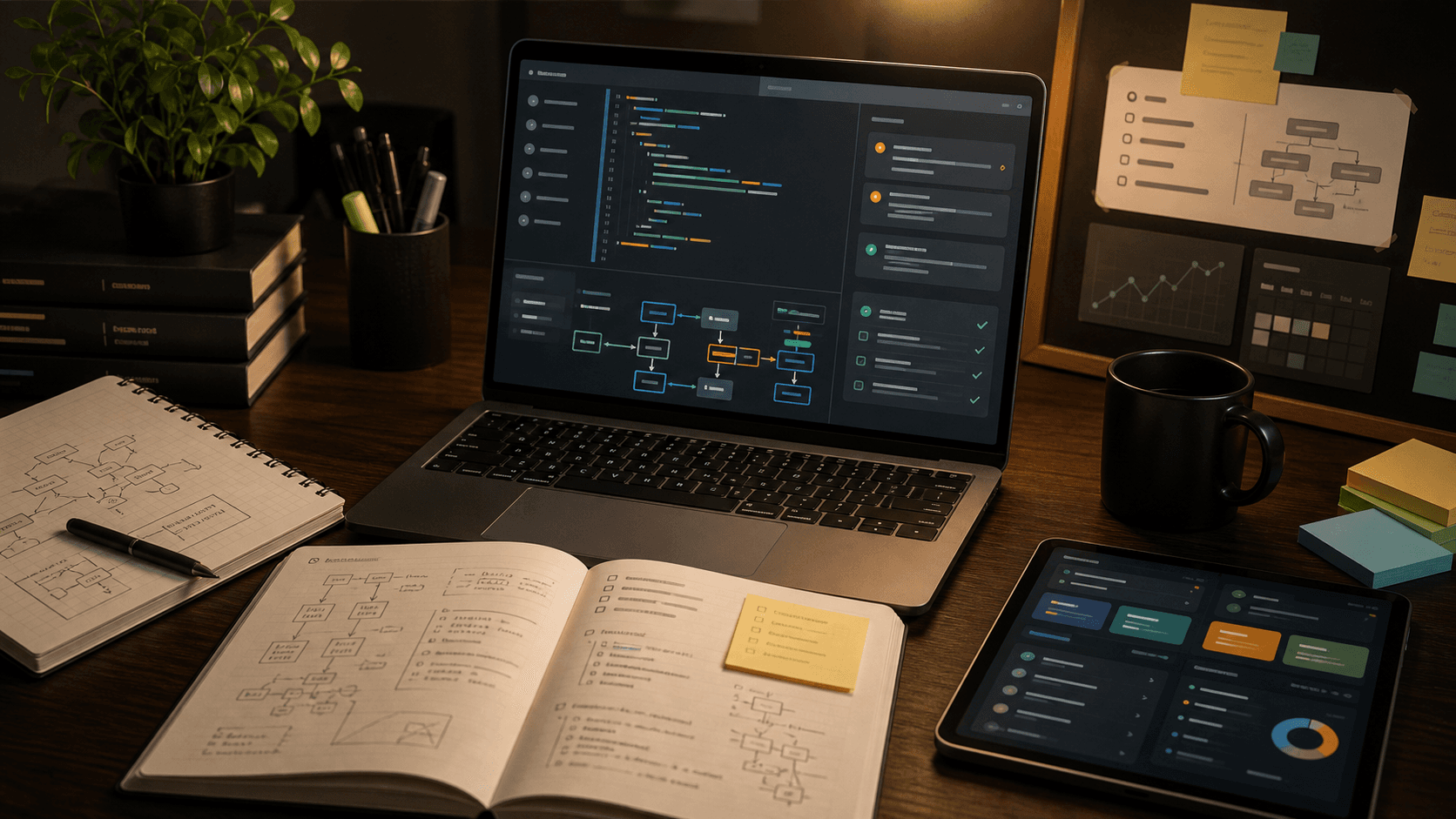 Programming tutoring workspace with code review dashboard, project notes, diagrams, and checklist cards