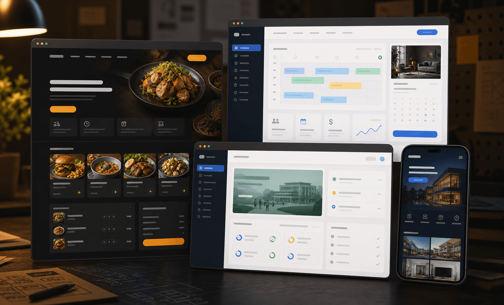 Website and web app design mockups for restaurants, booking dashboards, student portals, and service websites